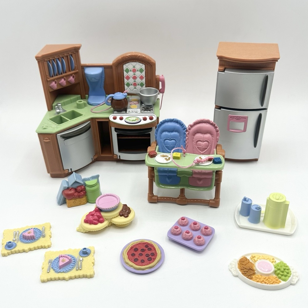 Vintage Fisher Price Loving Family Kitchen Fridge Highchairs Food